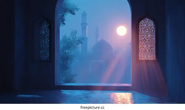Islamic Mosque at Sunrise Through an Archway