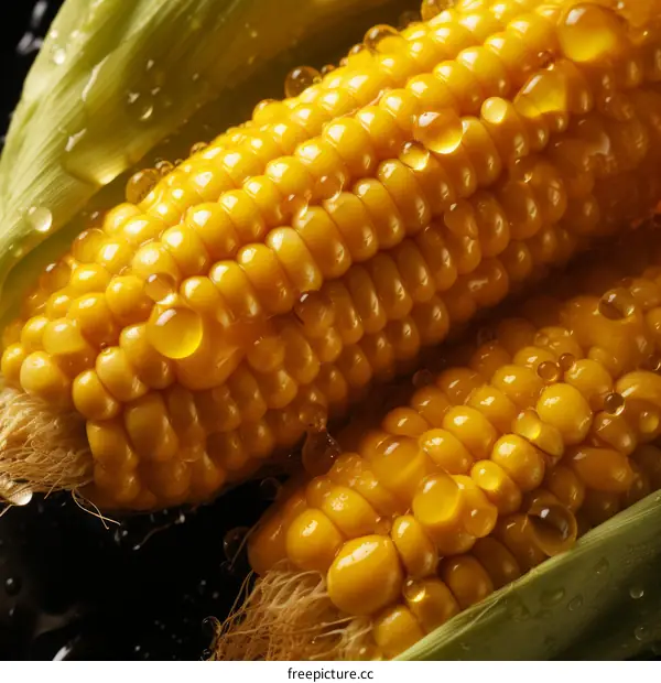 Close-up photo of yellow corn on the cob with water drops
