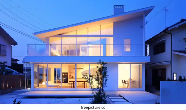 Modern White Two Story House With Large Windows At Dusk