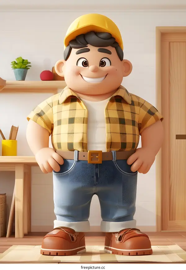 A 3D rendering of a man wearing a yellow hat and blue jeans standing in a room