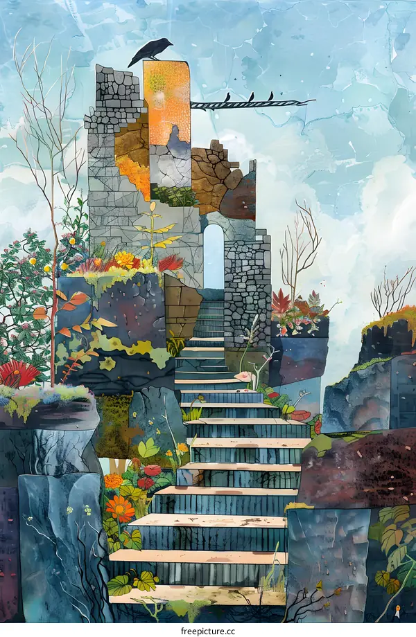 Collage Art of A Stone Ruin With Steps and Birds