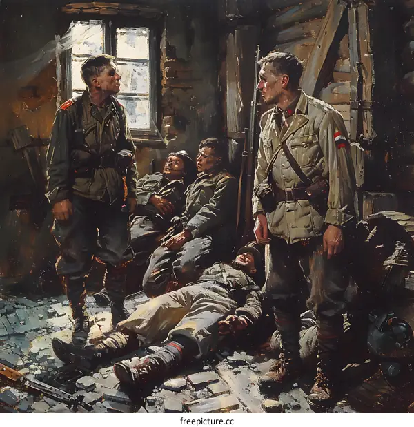 Soldiers Resting in a War Torn Building