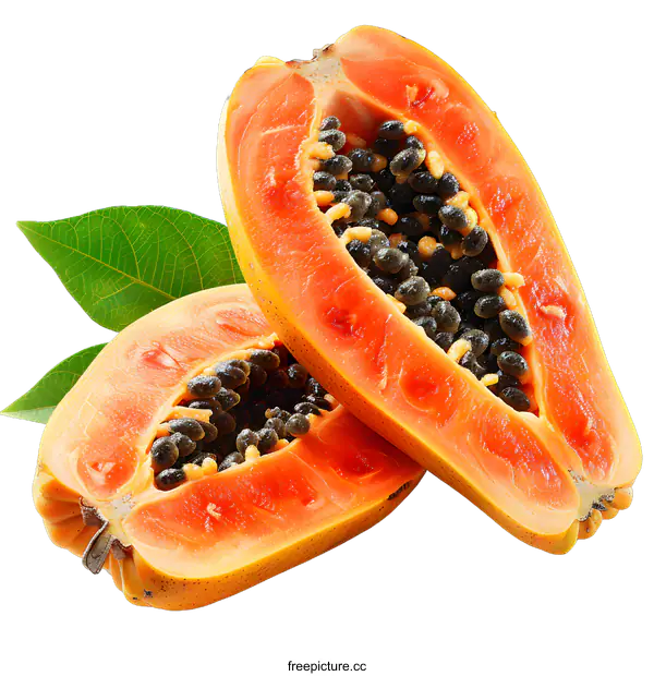[Transparent Background PNG]Fresh Papaya fruit cut in half
