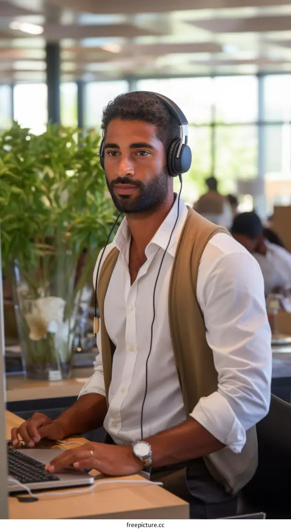 Businessman working on laptop in modern office space