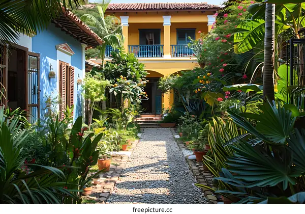 Tropical Garden Pathway with Yellow and Blue Houses