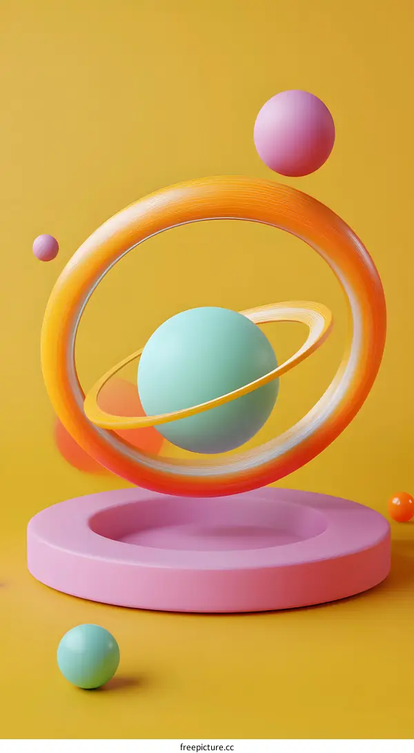 Abstract 3D Rendered Illustration With Colorful Spheres And Rings On Yellow Background