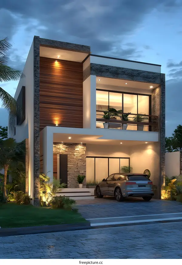 Modern Two Story House Design with Wooden Walls