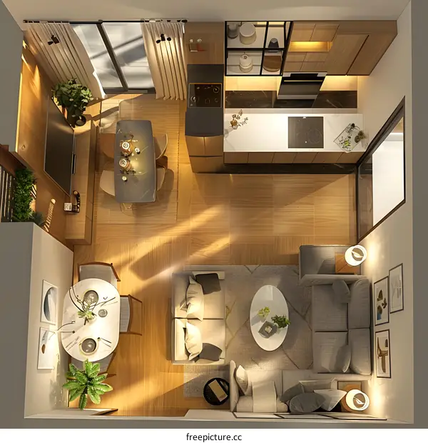 Top View Interior Design of a Modern Apartment with Kitchen, Living Room, and Dining Room