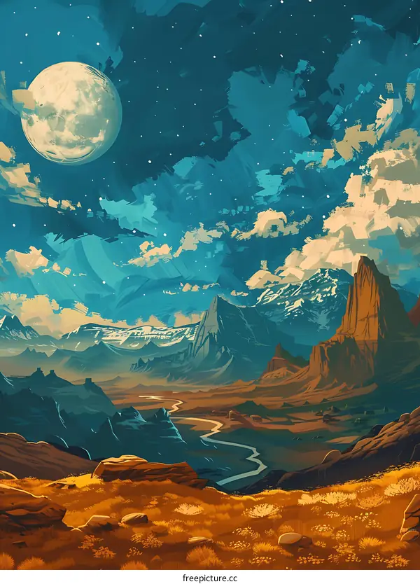 Mountain Landscape with Blue Sky, Full Moon and Stars