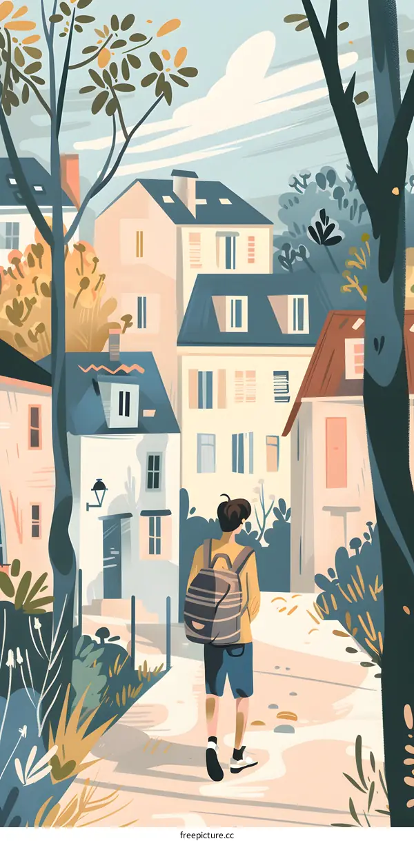 Man Walking Through European Village Illustration