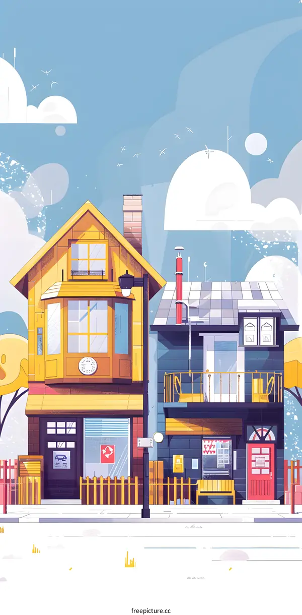 Charming Cartoon Illustration of Two Houses in a Neighborhood