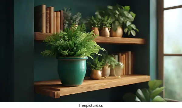 Rustic Wooden Bookshelf with Greenery