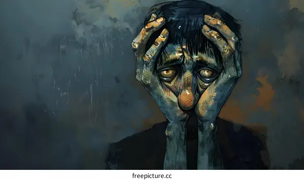 A dark illustration of a person holding their head in anguish
