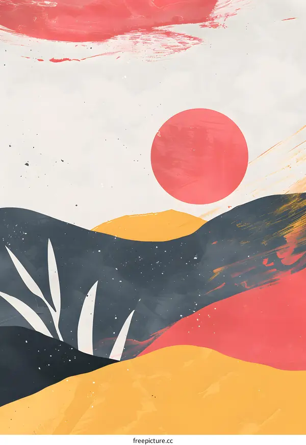 Abstract Minimalist Landscape with Sun and Mountains