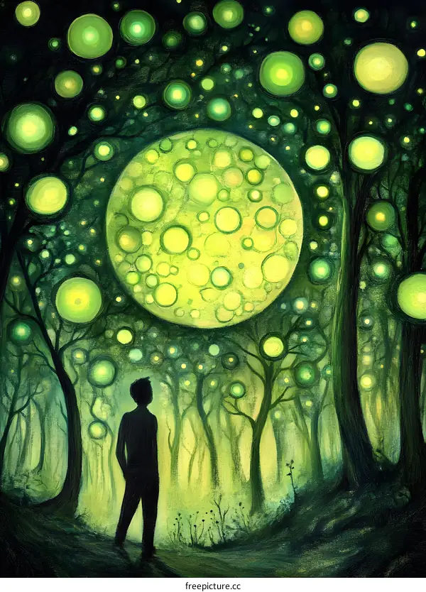 Silhouette of a Man in a Forest of Glowing Circles