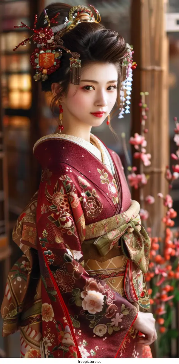 Portrait of a beautiful Japanese woman in traditional kimono