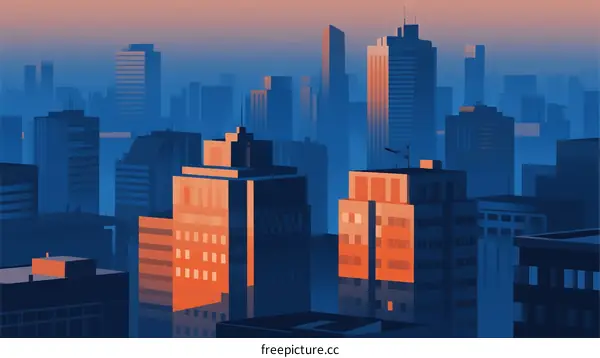 Distant City Skyline with Modern Buildings at Sunset