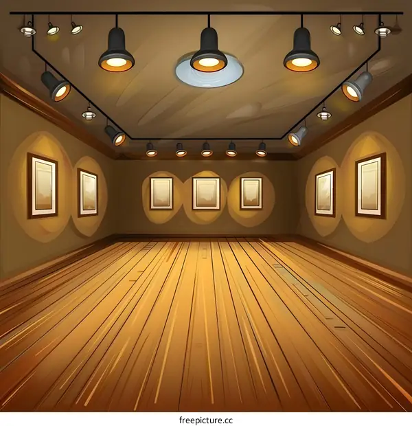 Empty Art Gallery Room With Wooden Floor And Track Lights