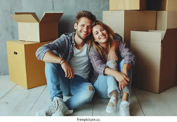 Happy Couple Sitting Amongst Moving Boxes