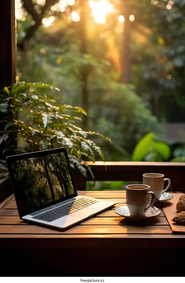 Cozy and Refreshing Workspace with Laptop and Coffee: A Morning Delight