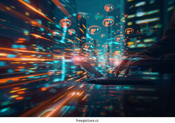 Digital marketing specialist working on laptop in futuristic city