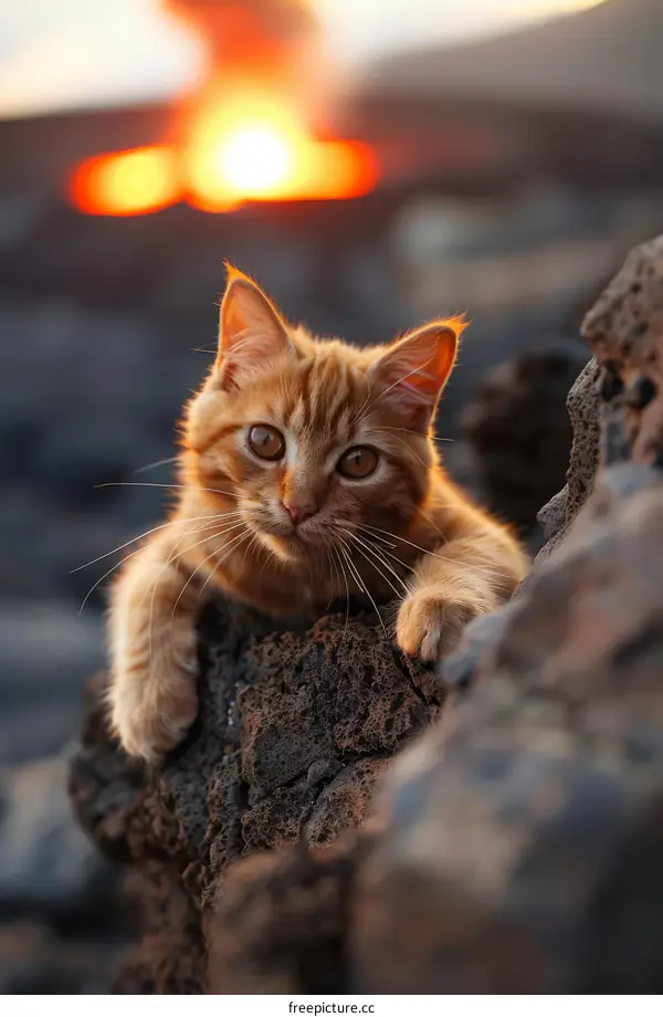 Orange Cat on Lava Rock With a Sunset in the Background