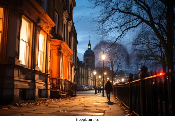 A person walking down a city street at night