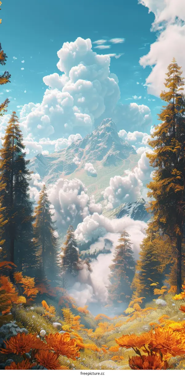 Majestic Mountain Landscape with Fluffy Clouds