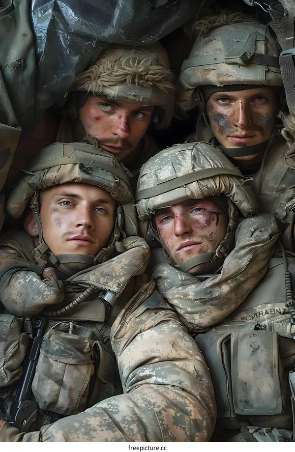 Four soldiers in military uniform with camouflage face paint.