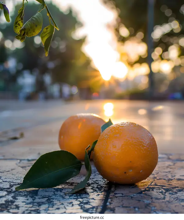 Two Oranges and Green Leaves on the Ground at Sunset