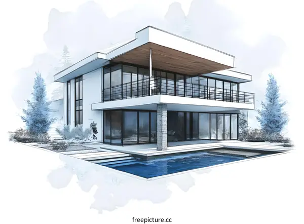 Modern House with Swimming Pool Architectural Sketch