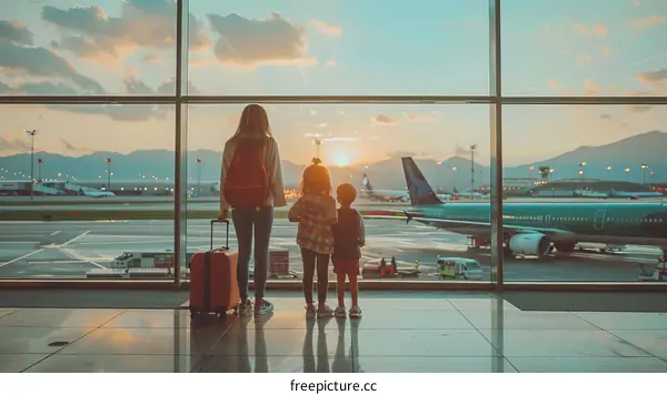 Family of three at the airport looking at airplanes