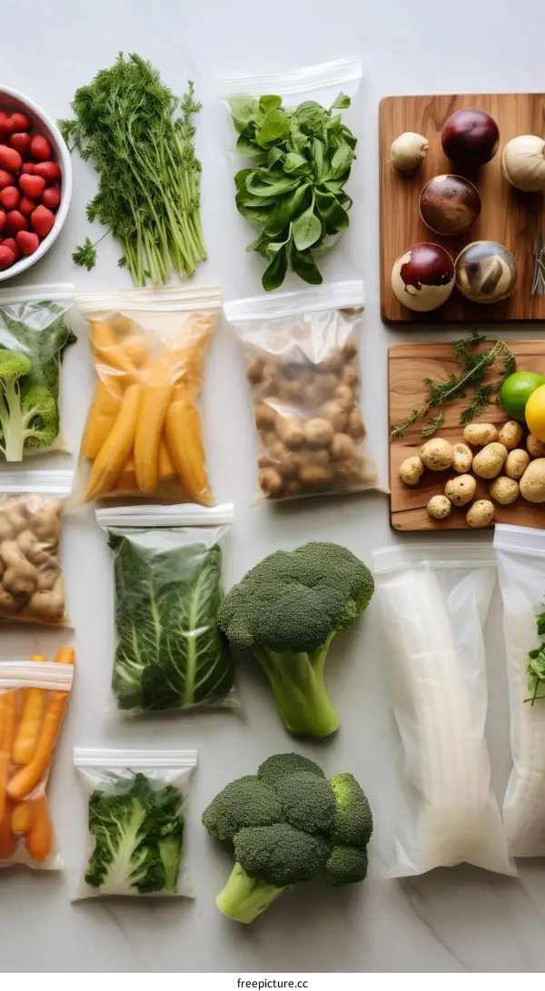 A variety of fresh vegetables and fruits arranged on a table