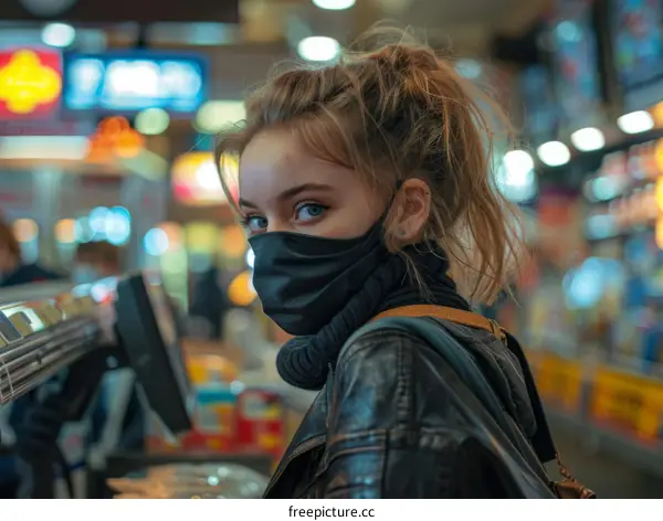 Portrait of a young woman wearing a mask in a supermarket