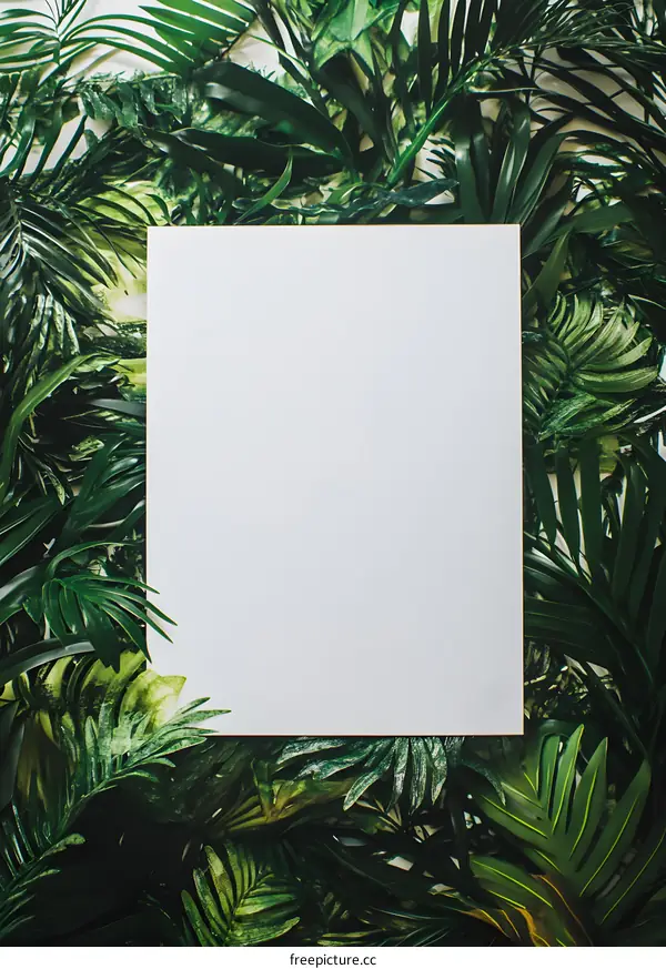 White Blank Paper Mockup Surrounded by Lush Green Leaves