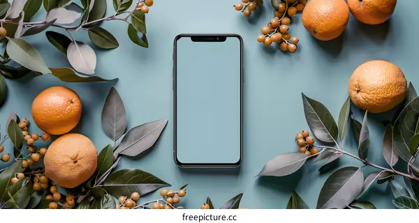 Flat Lay of Smartphone with Oranges and Green Leaves on Blue Background
