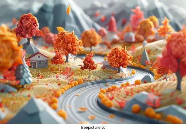 Charming Autumn Countryside Landscape with Trees and a House