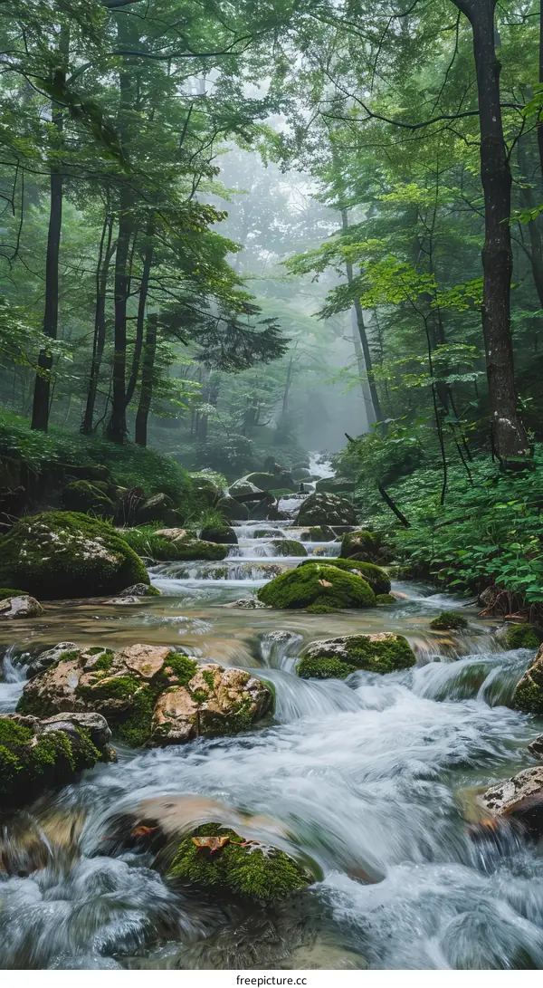 Small river flowing through a green mossy forest with rocks and boulders