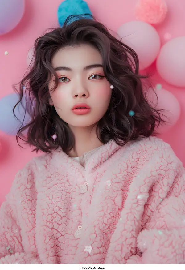 Portrait of Asian Woman in Pink Fuzzy Jacket with Confetti