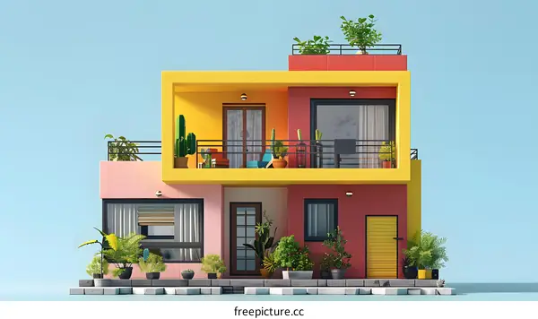 A colorful and modern house with a rooftop garden