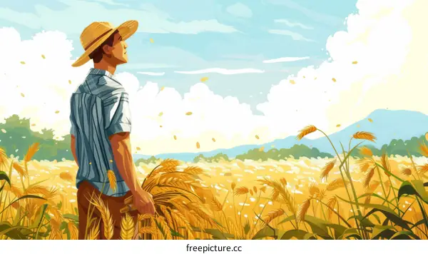 An illustration of a farmer standing in a wheat field, looking out at the view
