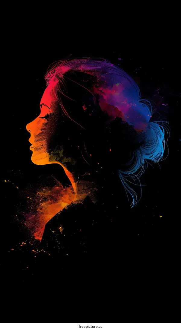 Colorful head and neck of a woman facing left