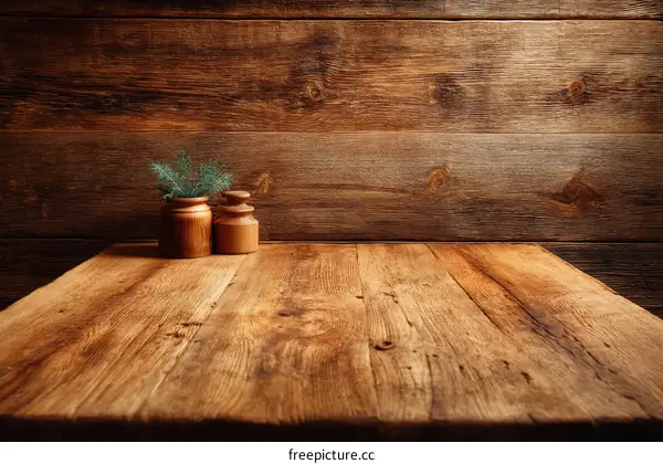 Rustic Wooden Table Top with Decorative Vases