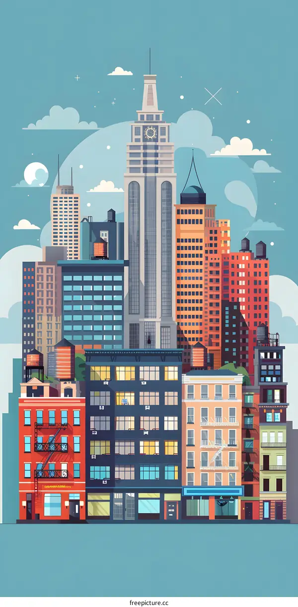 Flat Illustration of Cityscape with Buildings and Clouds