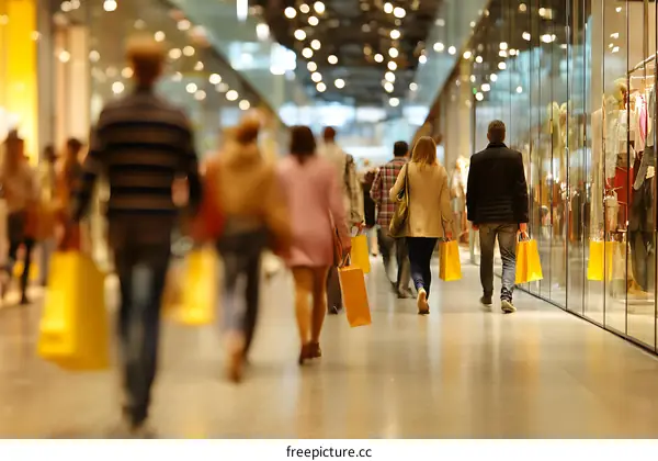 Shopping Mall Interior with Crowded People Carrying Shopping Bags