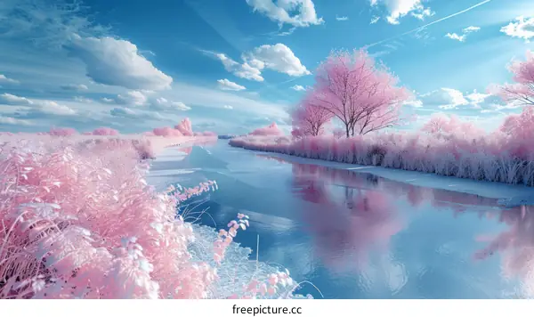 Pink surreal landscape with river flowing through middle