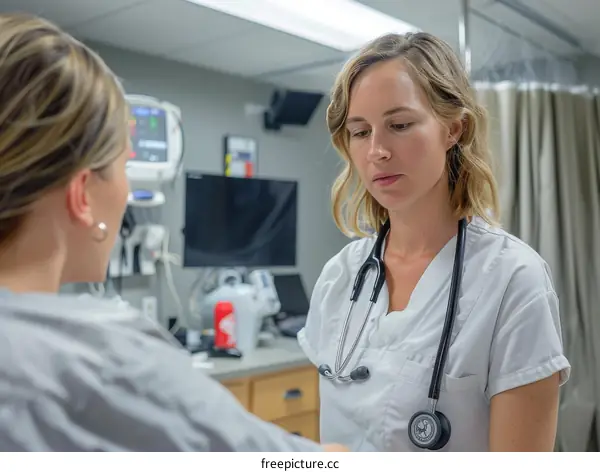 A female doctor is talking to a patient in a hospital room.