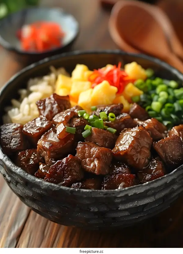 Closeup of Japanese Beef Rice Bowl with  Beef, Egg, and Green Onions