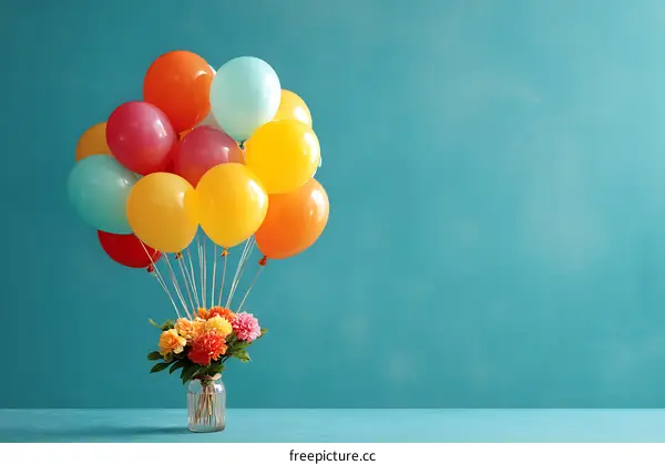Colorful Balloons and Flowers Composition on Teal Background