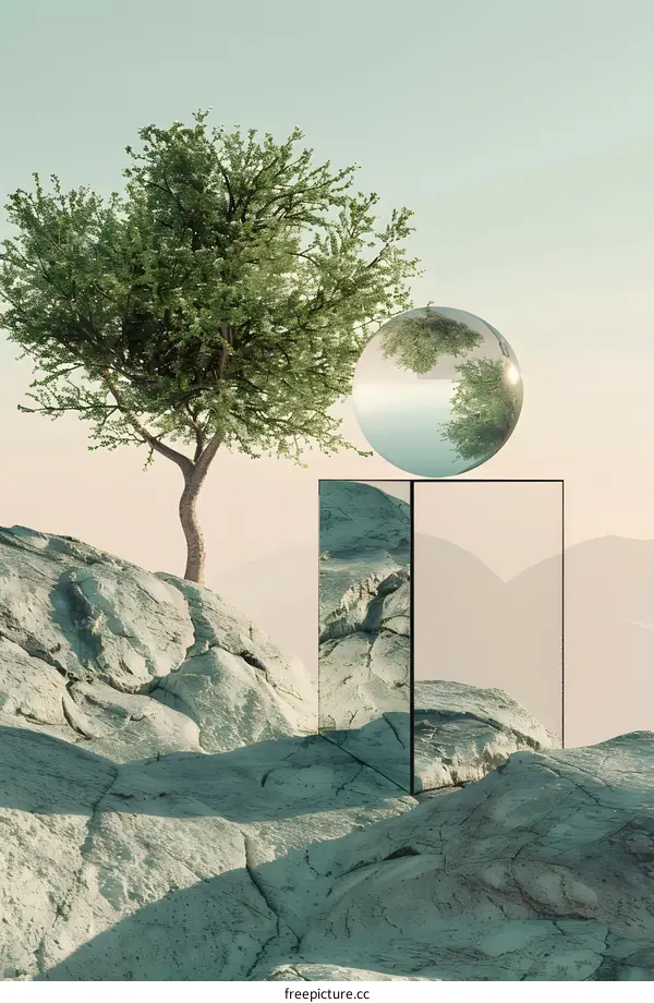 Minimalist Nature Scene with Tree, Rock and Sphere